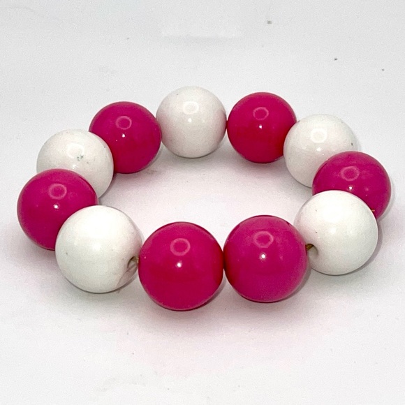 Fun Bright Pink and White Bubblegum Bead Stretch Bracelet OSFM - Picture 12 of 14